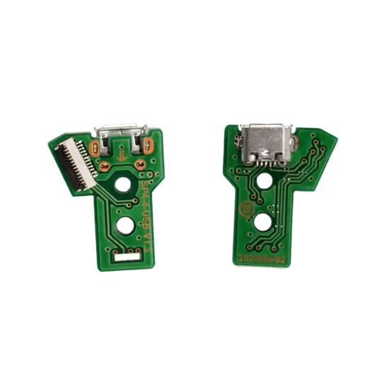Green PS4 controller USB charging-port board marked SP4-4-USB-V1.3, shown from both sides with a USB port and ribbon-cable connector - THARAA STORE