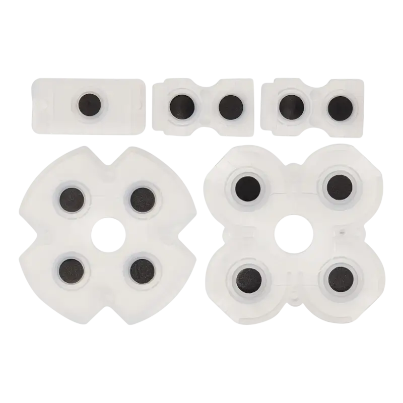 Set of translucent white conductive rubber button pads for PS4 JDS-001 and JDS-011 controllers, shown from both sides with black conductive contacts - THARAA STORE