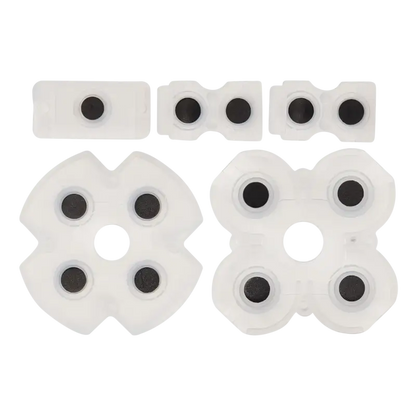 Set of translucent white conductive rubber button pads for PS4 JDS-001 and JDS-011 controllers, shown from both sides with black conductive contacts - THARAA STORE