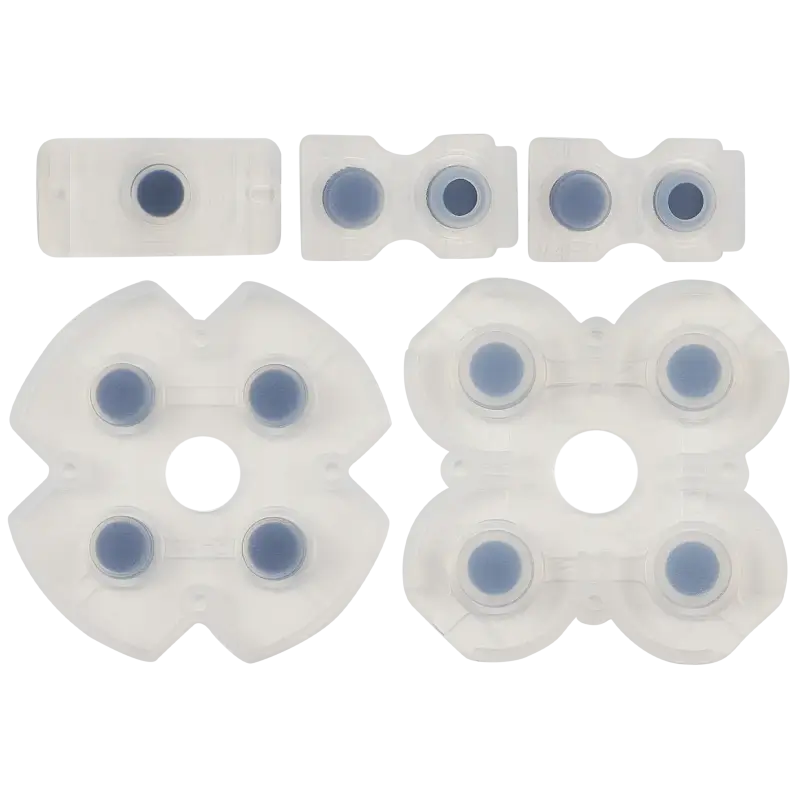 Set of translucent white conductive rubber button pads for PS4 JDS-001 and JDS-011 controllers, shown from both sides with black conductive contacts - THARAA STORE