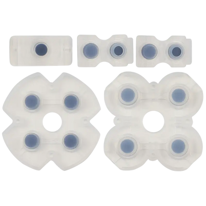 Set of translucent white conductive rubber button pads for PS4 JDS-001 and JDS-011 controllers, shown from both sides with black conductive contacts - THARAA STORE
