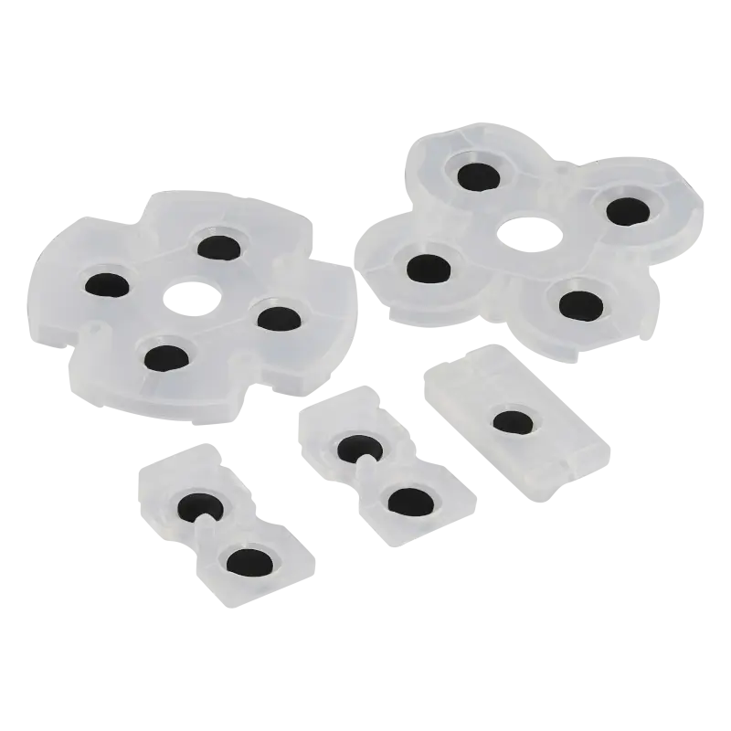 Set of translucent white conductive rubber button pads for PS4 JDS-001 and JDS-011 controllers, shown from both sides with black conductive contacts - THARAA STORE