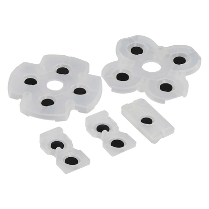 Set of translucent white conductive rubber button pads for PS4 JDS-001 and JDS-011 controllers, shown from both sides with black conductive contacts - THARAA STORE