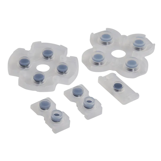 Set of translucent white conductive rubber button pads for PS4 JDS-001 and JDS-011 controllers, shown from both sides with black conductive contacts - THARAA STORE