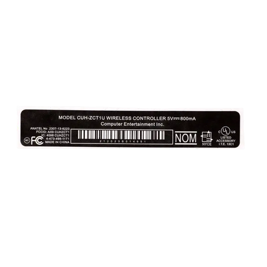 Black identification label sticker for a PS4 CUH-ZCT1U wireless controller, printed with the 5V 800mA rating and regulatory markings - THARAA STORE