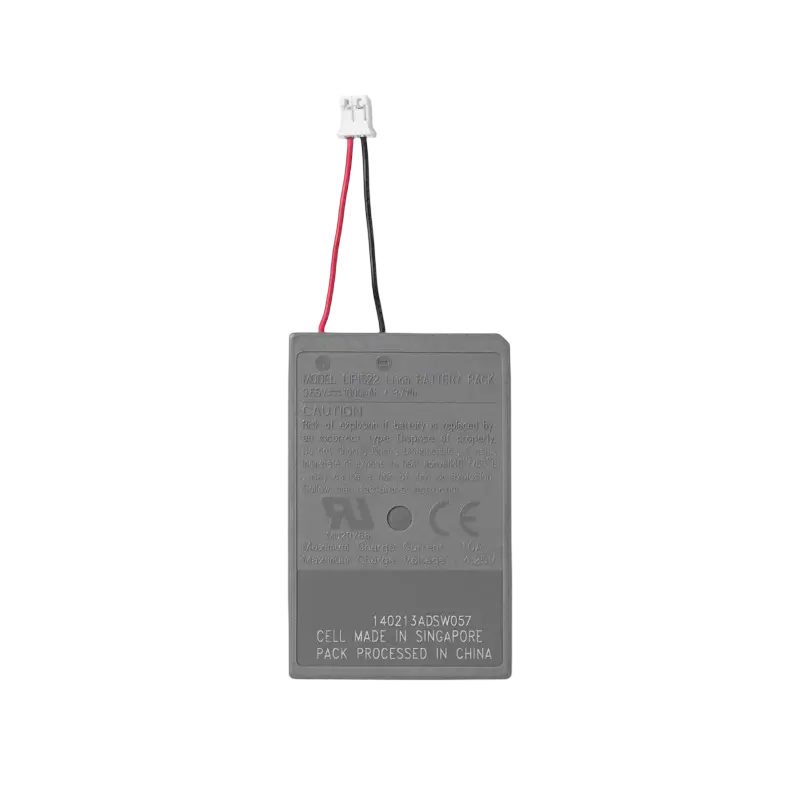 Gray replacement PS4 controller battery with a short red and black cable and white connector, shown from both sides - THARAA STORE