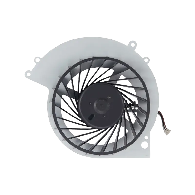 KSB0912HE internal cooling fan for PS4 CUH-10XX consoles, shown from multiple angles with black fan blades, white housing, mounting points, and long connector cable - THARAA STORE