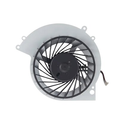 KSB0912HE internal cooling fan for PS4 CUH-10XX consoles, shown from multiple angles with black fan blades, white housing, mounting points, and long connector cable - THARAA STORE