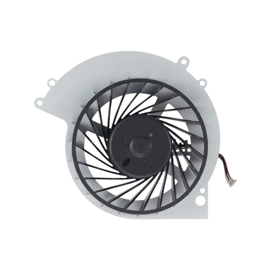 KSB0912HE internal cooling fan for PS4 CUH-10XX consoles, shown from multiple angles with black fan blades, white housing, mounting points, and long connector cable - THARAA STORE