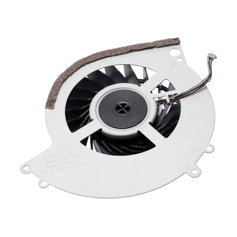 KSB0912HE internal cooling fan for PS4 CUH-10XX consoles, shown from multiple angles with black fan blades, white housing, mounting points, and long connector cable - THARAA STORE
