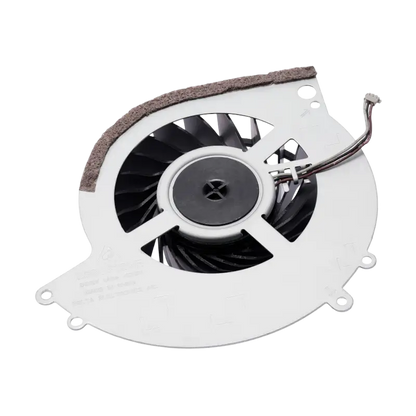 KSB0912HE internal cooling fan for PS4 CUH-10XX consoles, shown from multiple angles with black fan blades, white housing, mounting points, and long connector cable - THARAA STORE