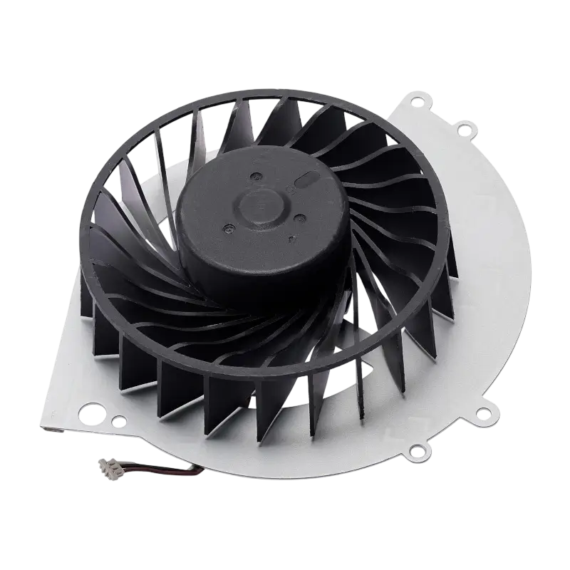 KSB0912HE internal cooling fan for PS4 CUH-10XX consoles, shown from multiple angles with black fan blades, white housing, mounting points, and long connector cable - THARAA STORE