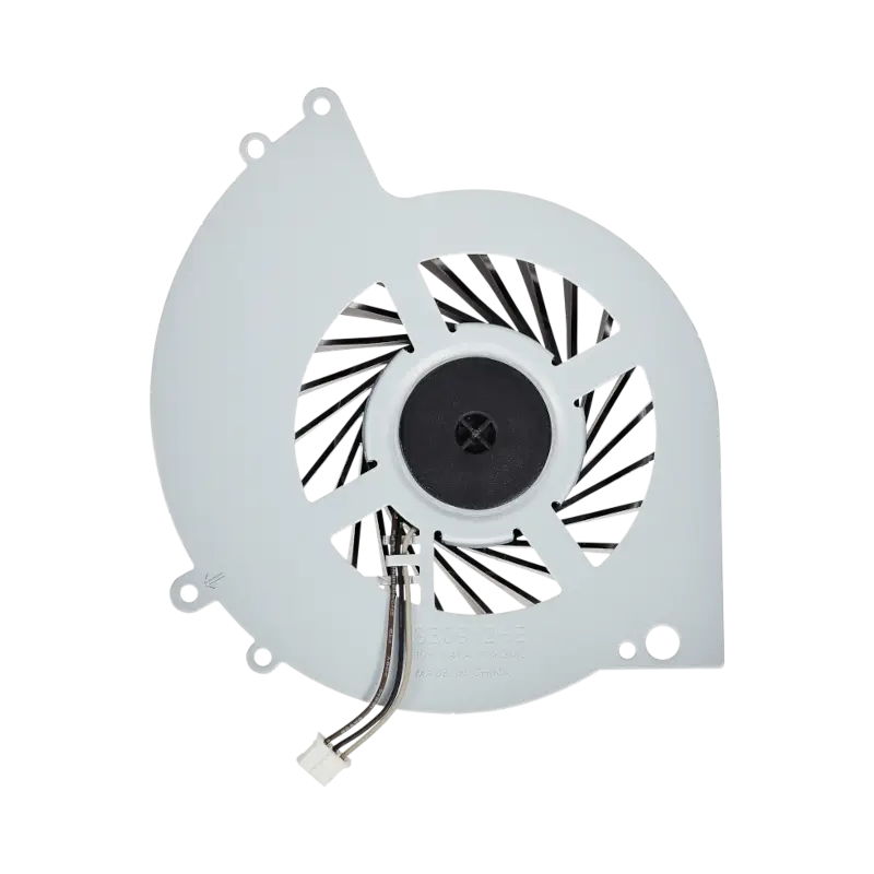 KSB0912HE internal cooling fan for PS4 CUH-12XX consoles, shown from multiple angles with black fan blades, white housing, mounting points, and short connector cable - THARAA STORE