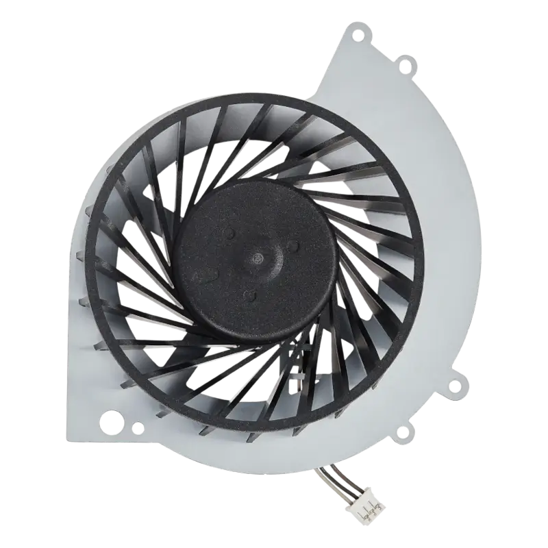 KSB0912HE internal cooling fan for PS4 CUH-12XX consoles, shown from multiple angles with black fan blades, white housing, mounting points, and short connector cable - THARAA STORE