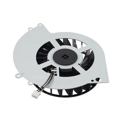 KSB0912HE internal cooling fan for PS4 CUH-12XX consoles, shown from multiple angles with black fan blades, white housing, mounting points, and short connector cable - THARAA STORE
