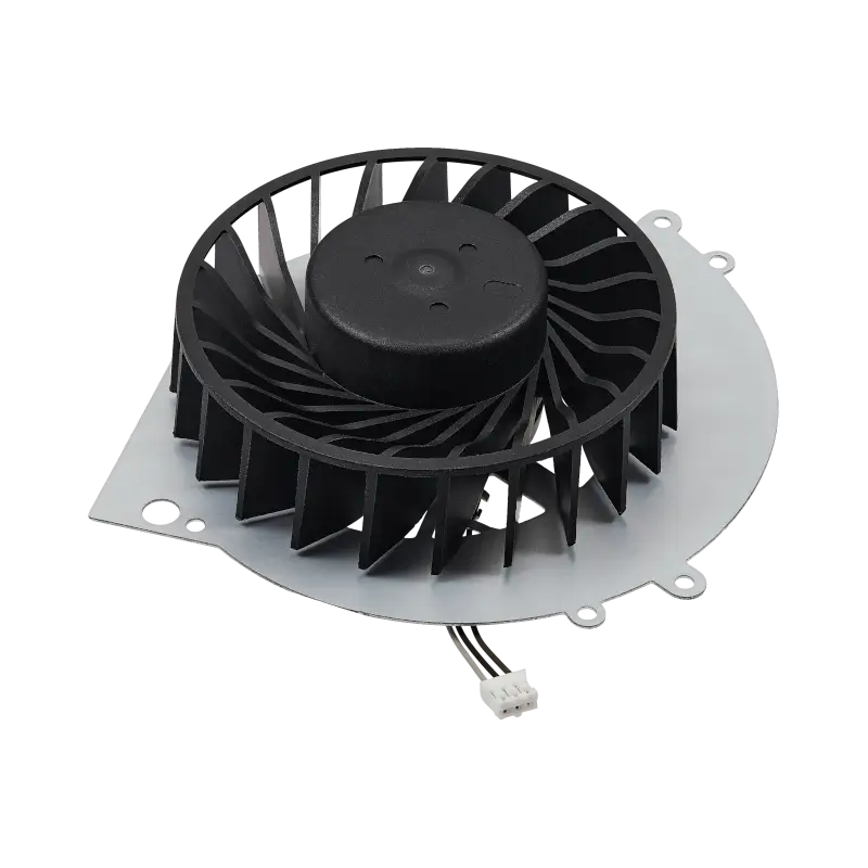 KSB0912HE internal cooling fan for PS4 CUH-12XX consoles, shown from multiple angles with black fan blades, white housing, mounting points, and short connector cable - THARAA STORE