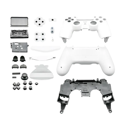 Full PS4 DualShock 4 JDM-055 controller housing replacement kit shown in white, red, blue and dark blue - THARAA STORE