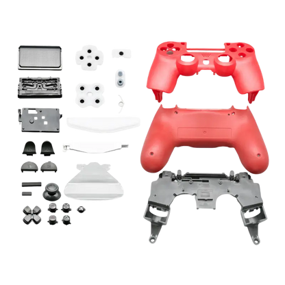 Full PS4 DualShock 4 JDM-055 controller housing replacement kit shown in white, red, blue and dark blue - THARAA STORE