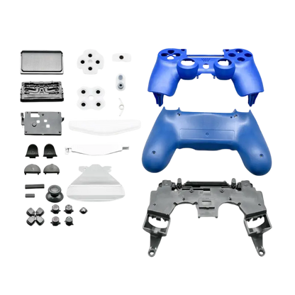 Full PS4 DualShock 4 JDM-055 controller housing replacement kit shown in white, red, blue and dark blue - THARAA STORE