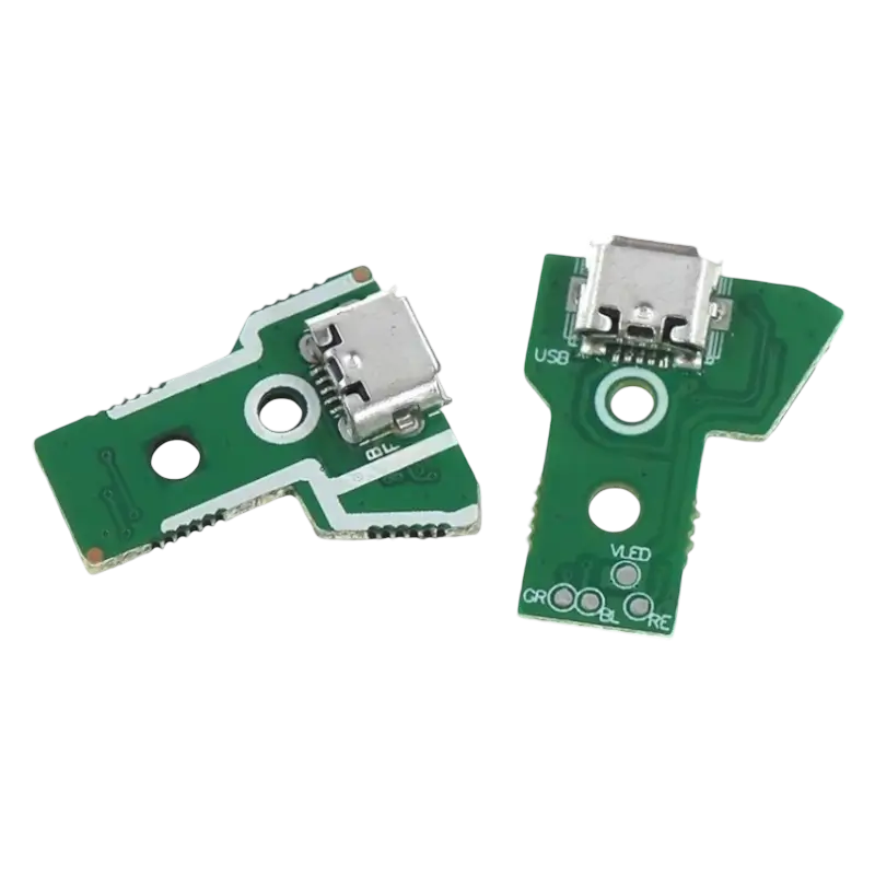 Green V1.0 charging socket board with a Micro-USB port for a high-copy PS4 controller, shown from different angles - THARAA STORE