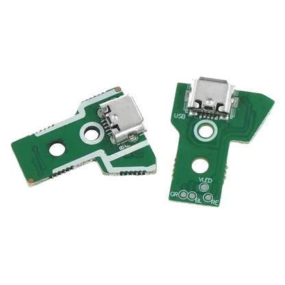 Green V1.0 charging socket board with a Micro-USB port for a high-copy PS4 controller, shown from different angles - THARAA STORE