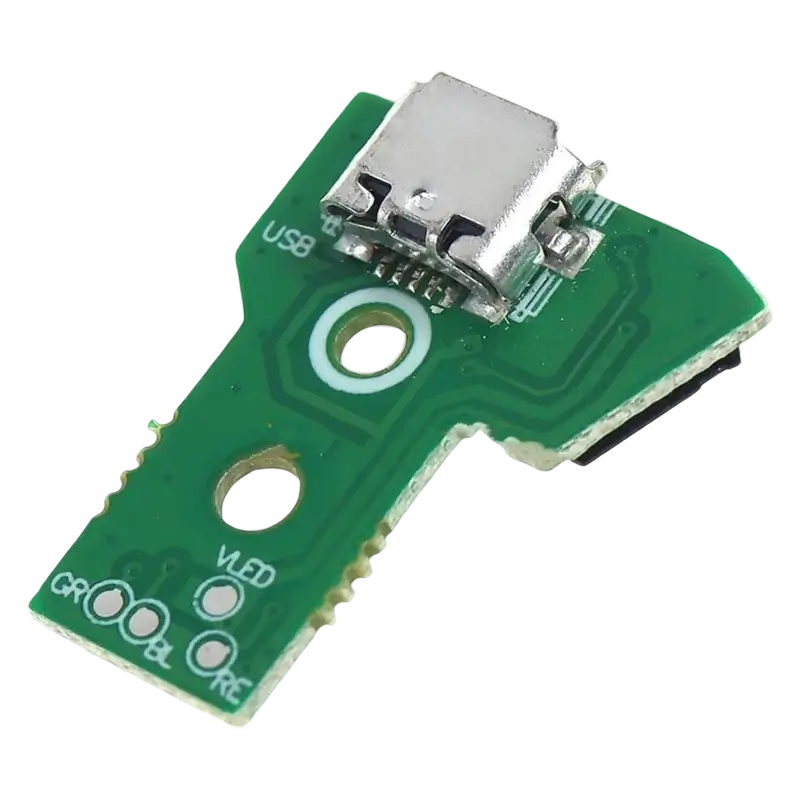 Green V1.0 charging socket board with a Micro-USB port for a high-copy PS4 controller, shown from different angles - THARAA STORE