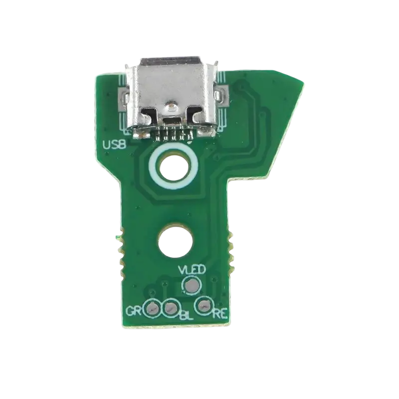 Green V1.0 charging socket board with a Micro-USB port for a high-copy PS4 controller, shown from different angles - THARAA STORE