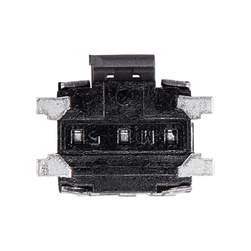 Small black and silver PS4 power and eject tactile switch shown from three angles, with metal mounting tabs and electrical contacts - THARAA STORE