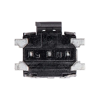 Small black and silver PS4 power and eject tactile switch shown from three angles, with metal mounting tabs and electrical contacts - THARAA STORE