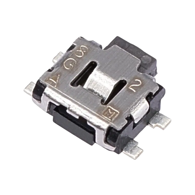 Small black and silver PS4 power and eject tactile switch shown from three angles, with metal mounting tabs and electrical contacts - THARAA STORE