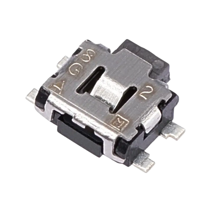 Small black and silver PS4 power and eject tactile switch shown from three angles, with metal mounting tabs and electrical contacts - THARAA STORE