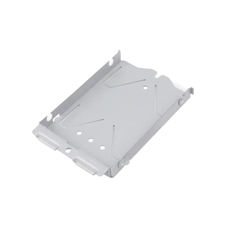 Metal PS4 Pro hard drive mounting bracket with formed edges, mounting holes and a rectangular opening, shown from two angles - THARAA STORE