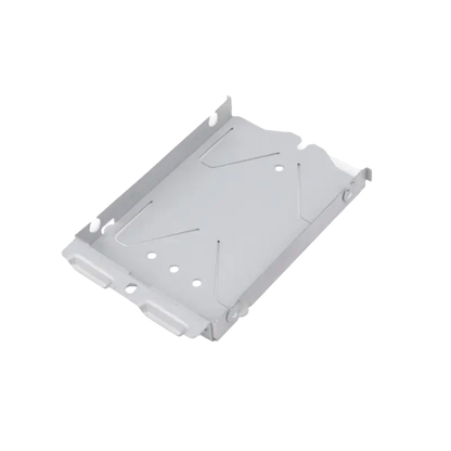 Metal PS4 Pro hard drive mounting bracket with formed edges, mounting holes and a rectangular opening, shown from two angles - THARAA STORE