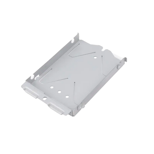 Metal PS4 Pro hard drive mounting bracket with formed edges, mounting holes and a rectangular opening, shown from two angles - THARAA STORE