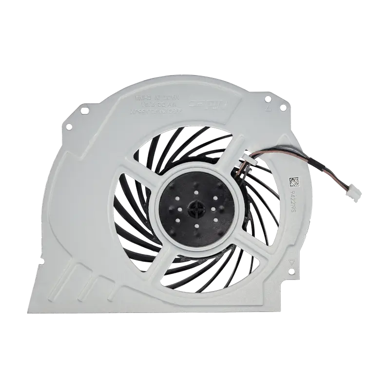 Internal cooling fan for PS4 Pro with black fan blades, light-colored housing and attached power connector, shown from multiple angles - THARAA STORE