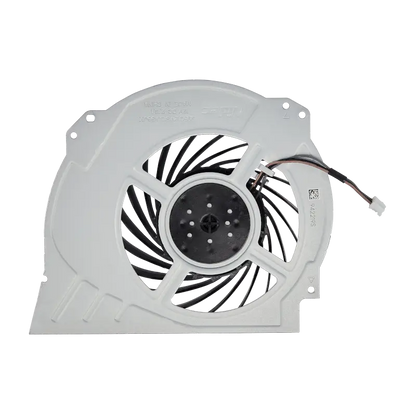 Internal cooling fan for PS4 Pro with black fan blades, light-colored housing and attached power connector, shown from multiple angles - THARAA STORE