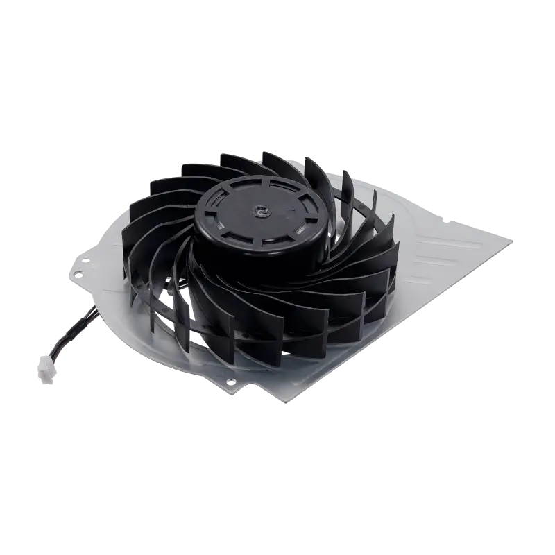 Internal cooling fan for PS4 Pro with black fan blades, light-colored housing and attached power connector, shown from multiple angles - THARAA STORE