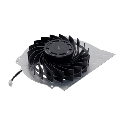 Internal cooling fan for PS4 Pro with black fan blades, light-colored housing and attached power connector, shown from multiple angles - THARAA STORE