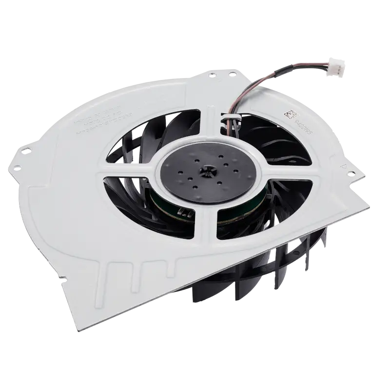 Internal cooling fan for PS4 Pro with black fan blades, light-colored housing and attached power connector, shown from multiple angles - THARAA STORE