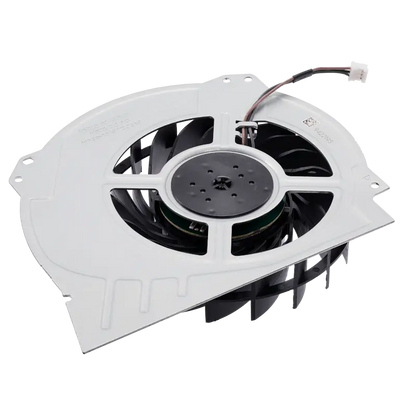 Internal cooling fan for PS4 Pro with black fan blades, light-colored housing and attached power connector, shown from multiple angles - THARAA STORE