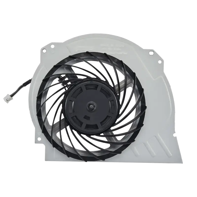 Internal cooling fan for PS4 Pro with black fan blades, light-colored housing and attached power connector, shown from multiple angles - THARAA STORE