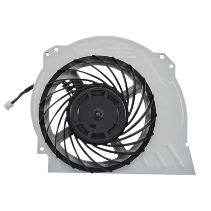 Internal cooling fan for PS4 Pro with black fan blades, light-colored housing and attached power connector, shown from multiple angles - THARAA STORE