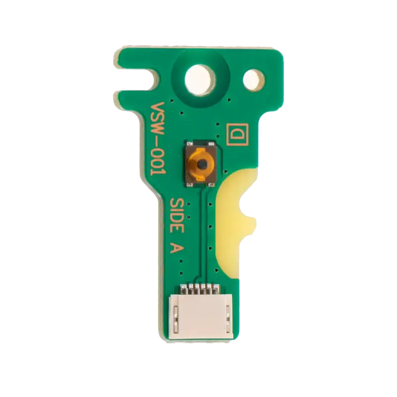 Green PS4 Pro power/eject button circuit board with an attached ribbon flex cable connector, showing both sides and the VSW-001 marking - THARAA STORE