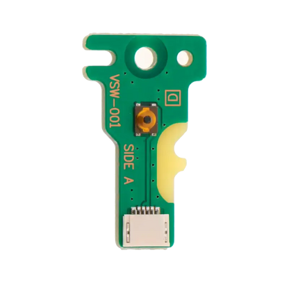 Green PS4 Pro power/eject button circuit board with an attached ribbon flex cable connector, showing both sides and the VSW-001 marking - THARAA STORE