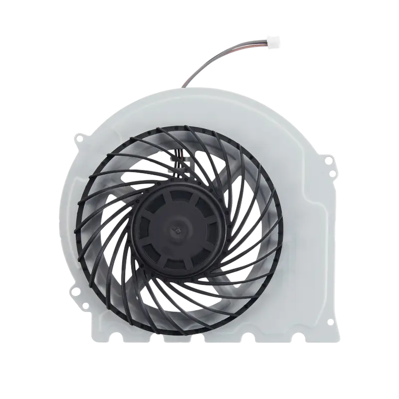 Internal PS4 Slim cooling fan with black curved blades, white housing and attached power connector, shown from multiple angles - THARAA STORE