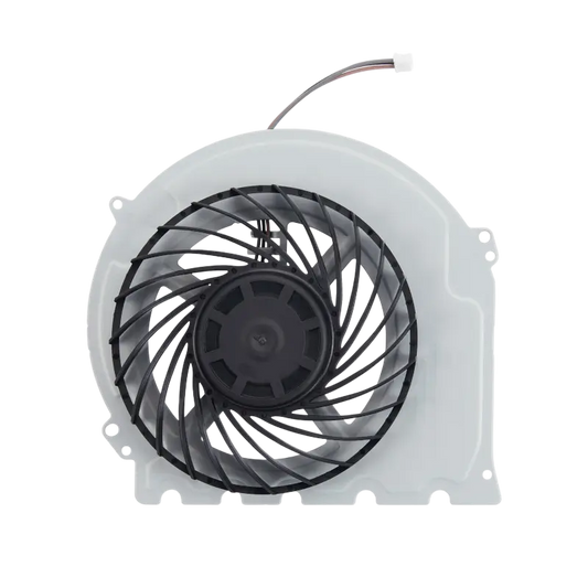 Internal PS4 Slim cooling fan with black curved blades, white housing and attached power connector, shown from multiple angles - THARAA STORE
