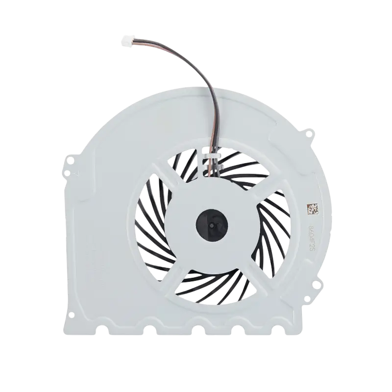 Internal PS4 Slim cooling fan with black curved blades, white housing and attached power connector, shown from multiple angles - THARAA STORE
