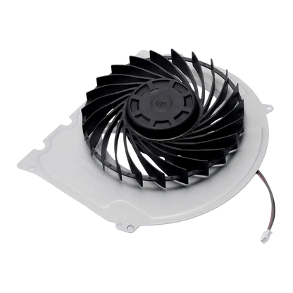 Internal PS4 Slim cooling fan with black curved blades, white housing and attached power connector, shown from multiple angles - THARAA STORE