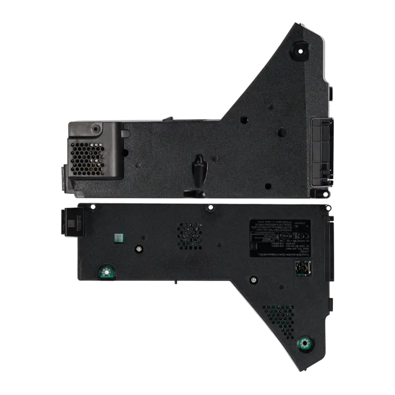 Black ADP-400FR internal power supply for compatible PS5 CFI-12XX consoles, shown from multiple angles with its identification label, ventilation openings, mounting points and connectors - THARAA STORE