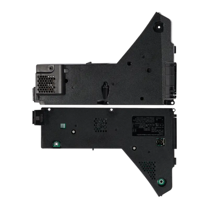 Black ADP-400FR internal power supply for compatible PS5 CFI-12XX consoles, shown from multiple angles with its identification label, ventilation openings, mounting points and connectors - THARAA STORE